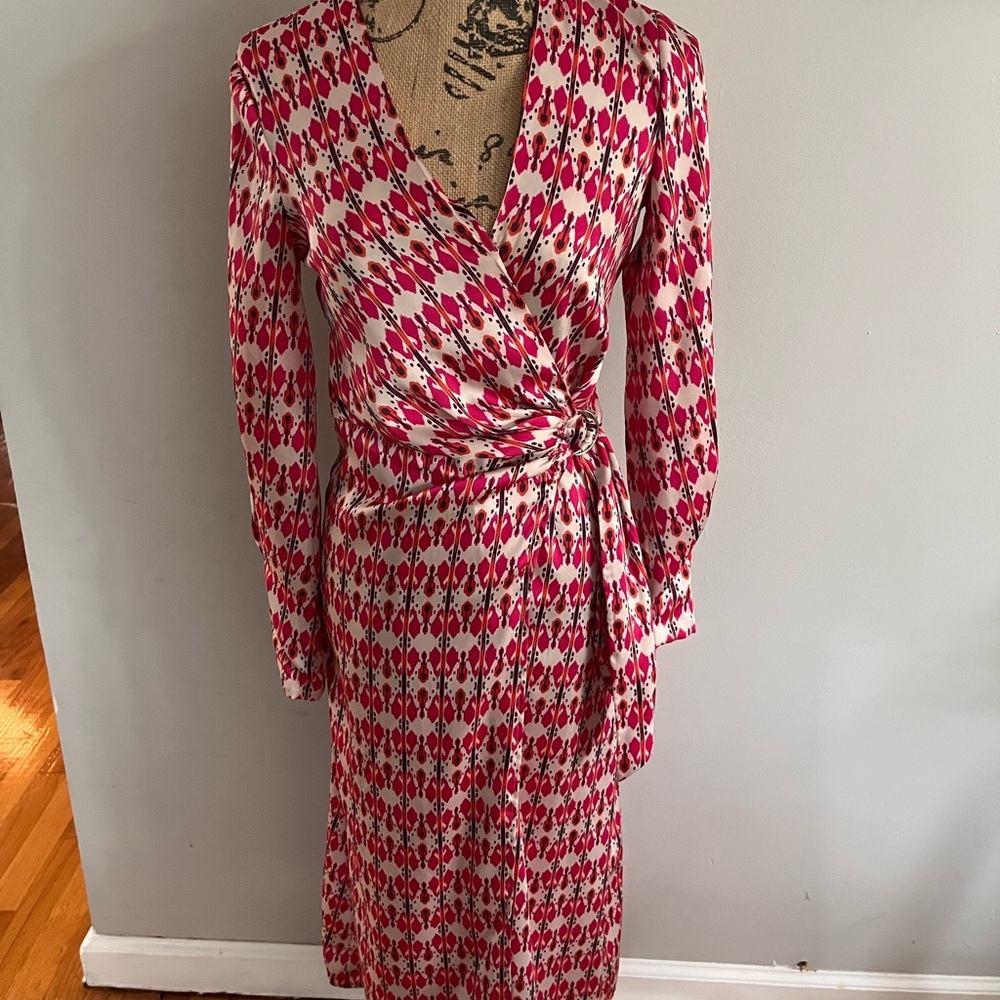 Mango Red and White Geometric Long Sleeve Dress